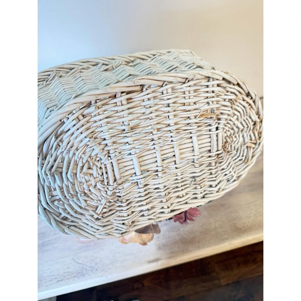 Decorative Wicker Basket White Handle Floral Shabby Granny Vintage Coquette